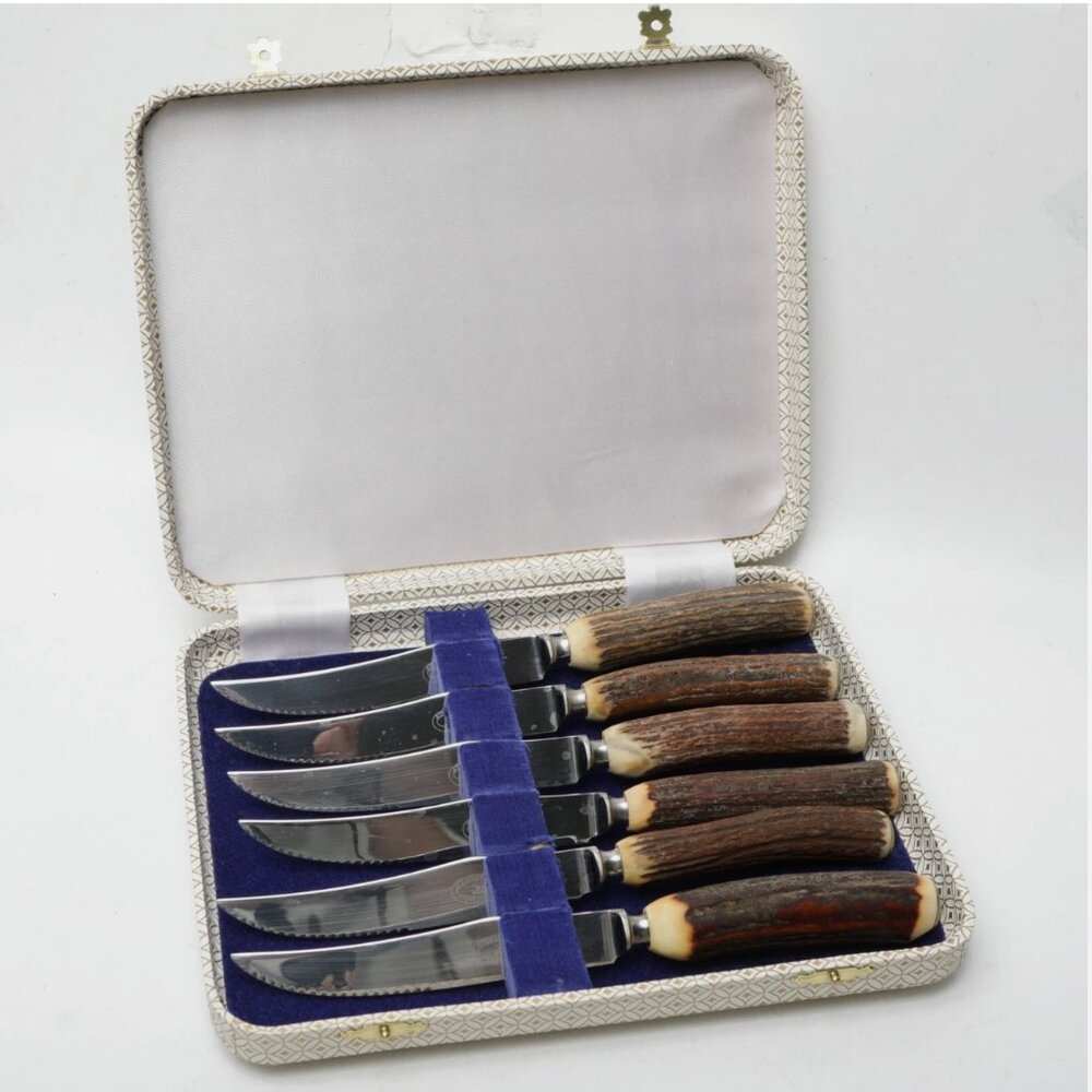 Vintage Atkinson Bros. 6 Antler Stag Horn Steak Knives Stainless Steel Sheffield